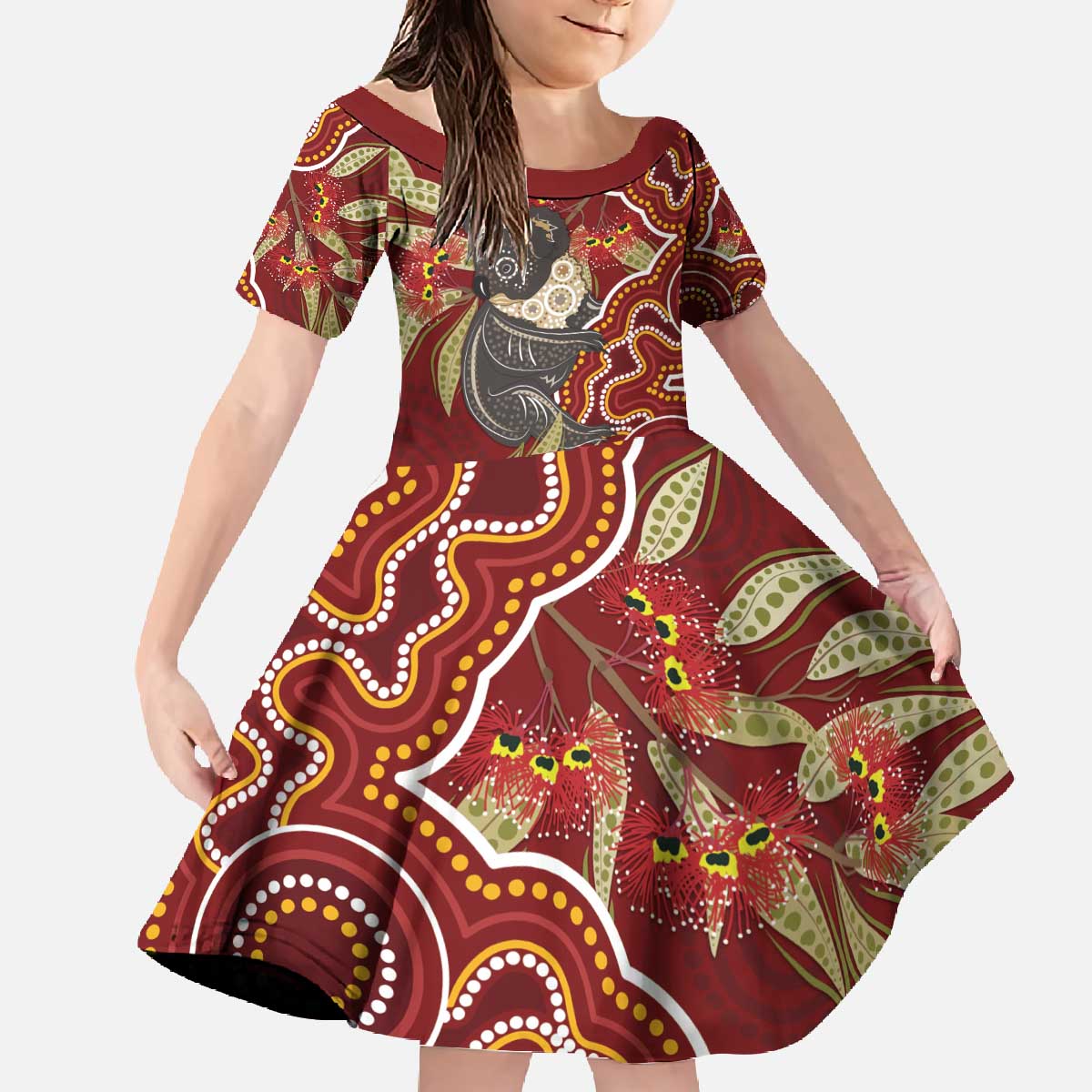Australia Santa Koala Family Matching Off The Shoulder Long Sleeve Dress and Hawaiian Shirt Aboriginal Style
