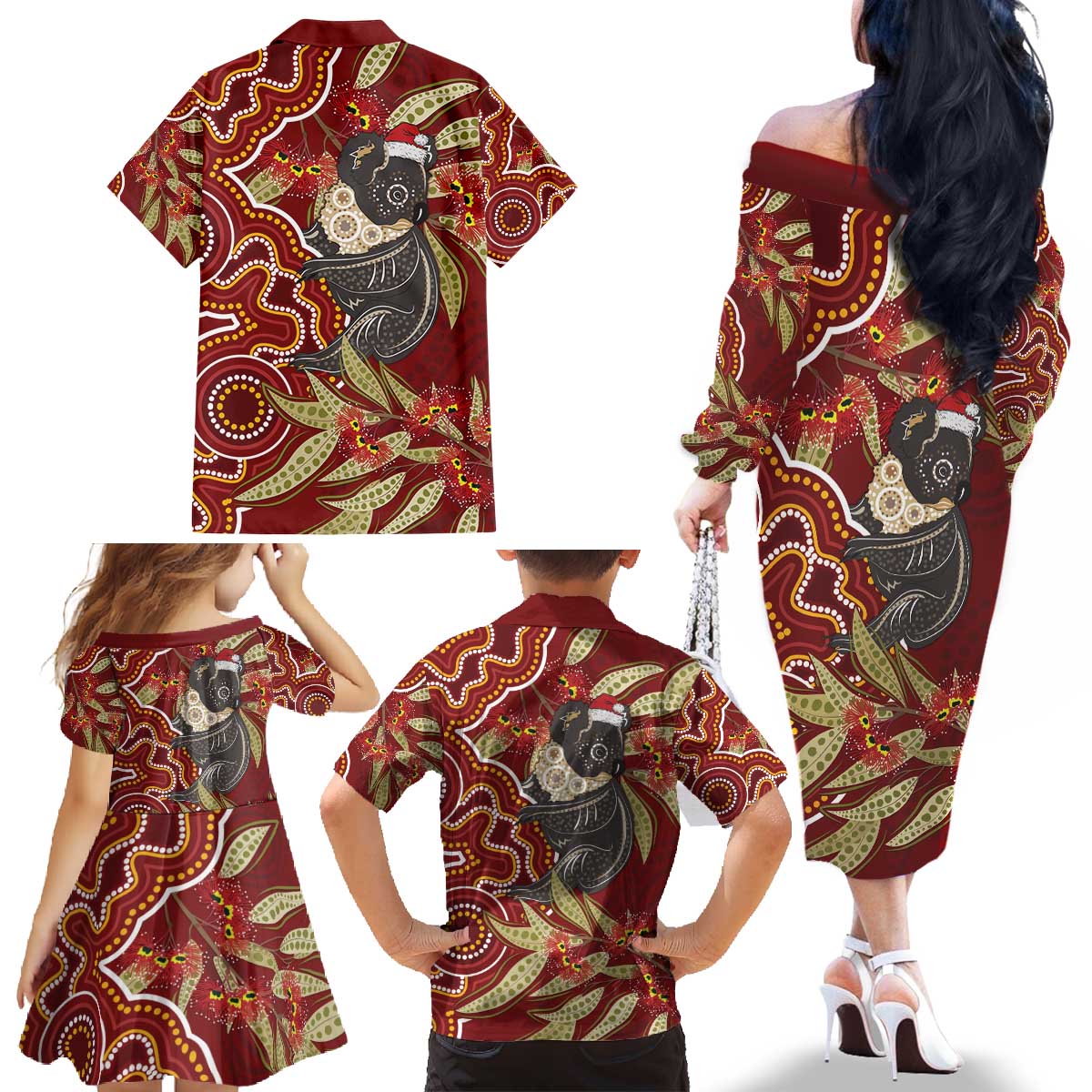 Australia Santa Koala Family Matching Off The Shoulder Long Sleeve Dress and Hawaiian Shirt Aboriginal Style