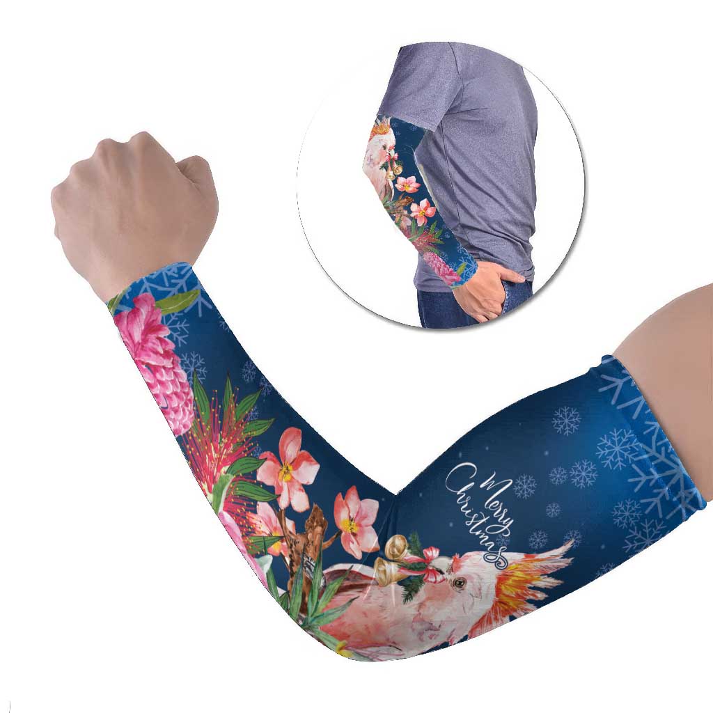Australia Christmas Pink Cockatoo with Banksia Arm Sleeves Snowy Blue - Aussie Hoodie