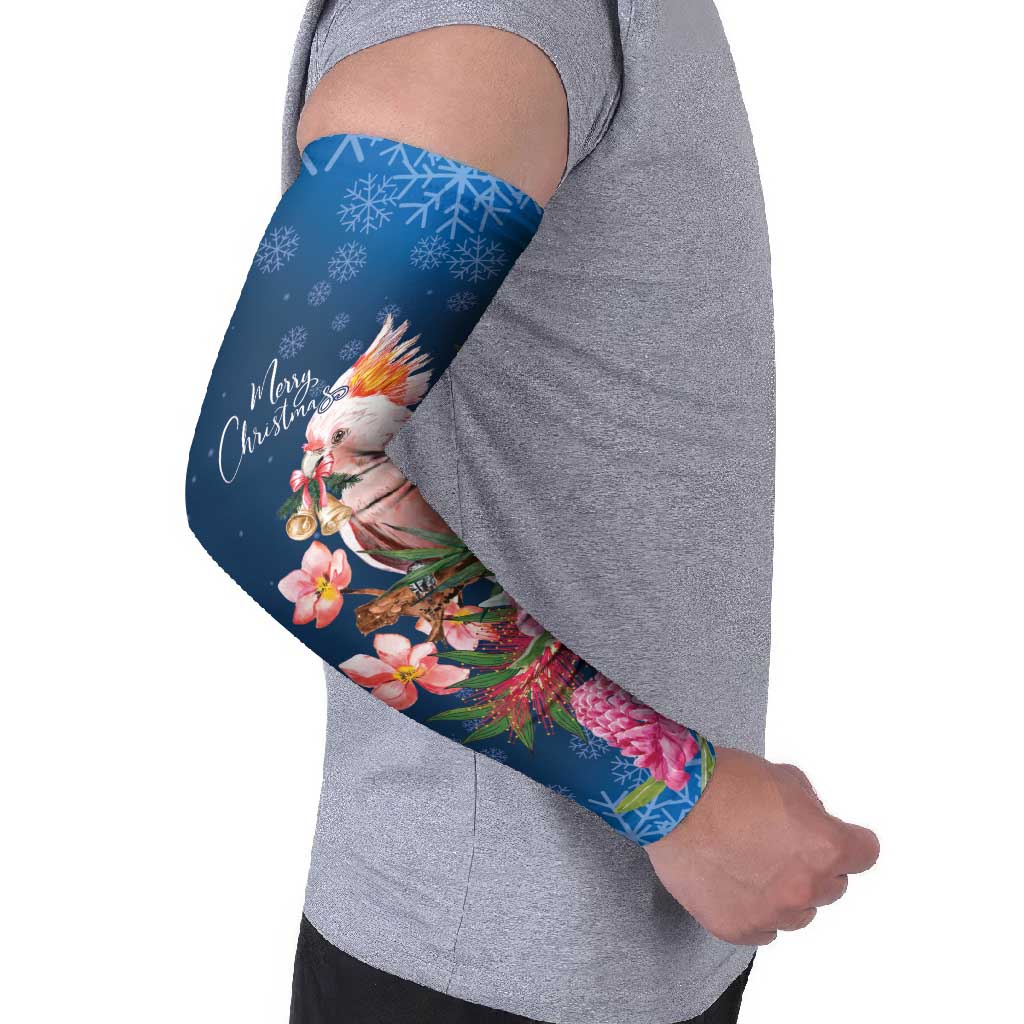 Australia Christmas Pink Cockatoo with Banksia Arm Sleeves Snowy Blue - Aussie Hoodie