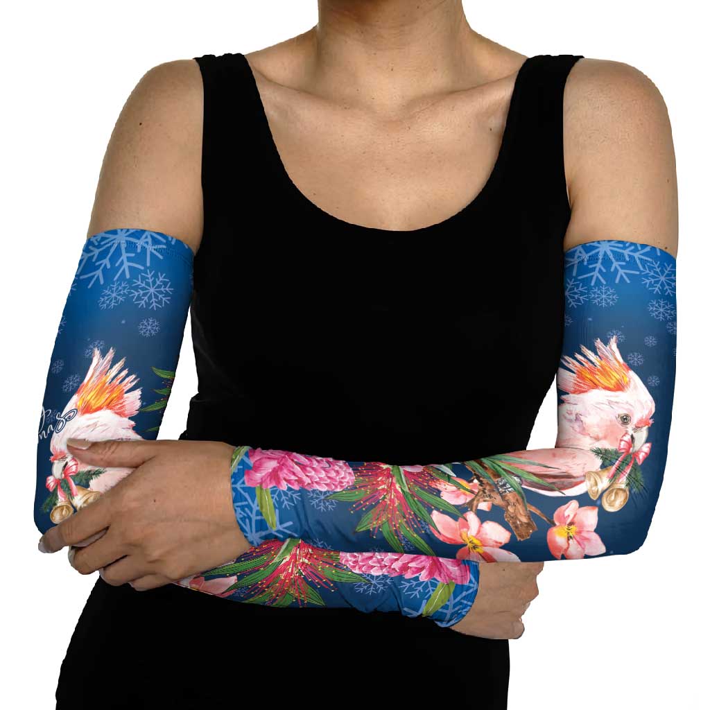 Australia Christmas Pink Cockatoo with Banksia Arm Sleeves Snowy Blue - Aussie Hoodie
