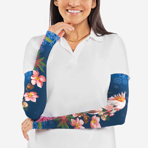 Australia Christmas Pink Cockatoo with Banksia Arm Sleeves Snowy Blue - Aussie Hoodie
