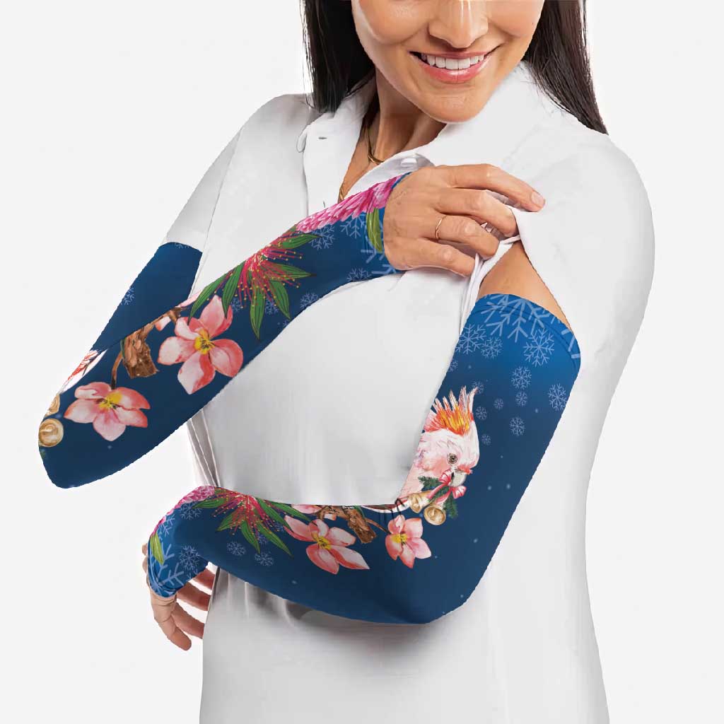 Australia Christmas Pink Cockatoo with Banksia Arm Sleeves Snowy Blue - Aussie Hoodie