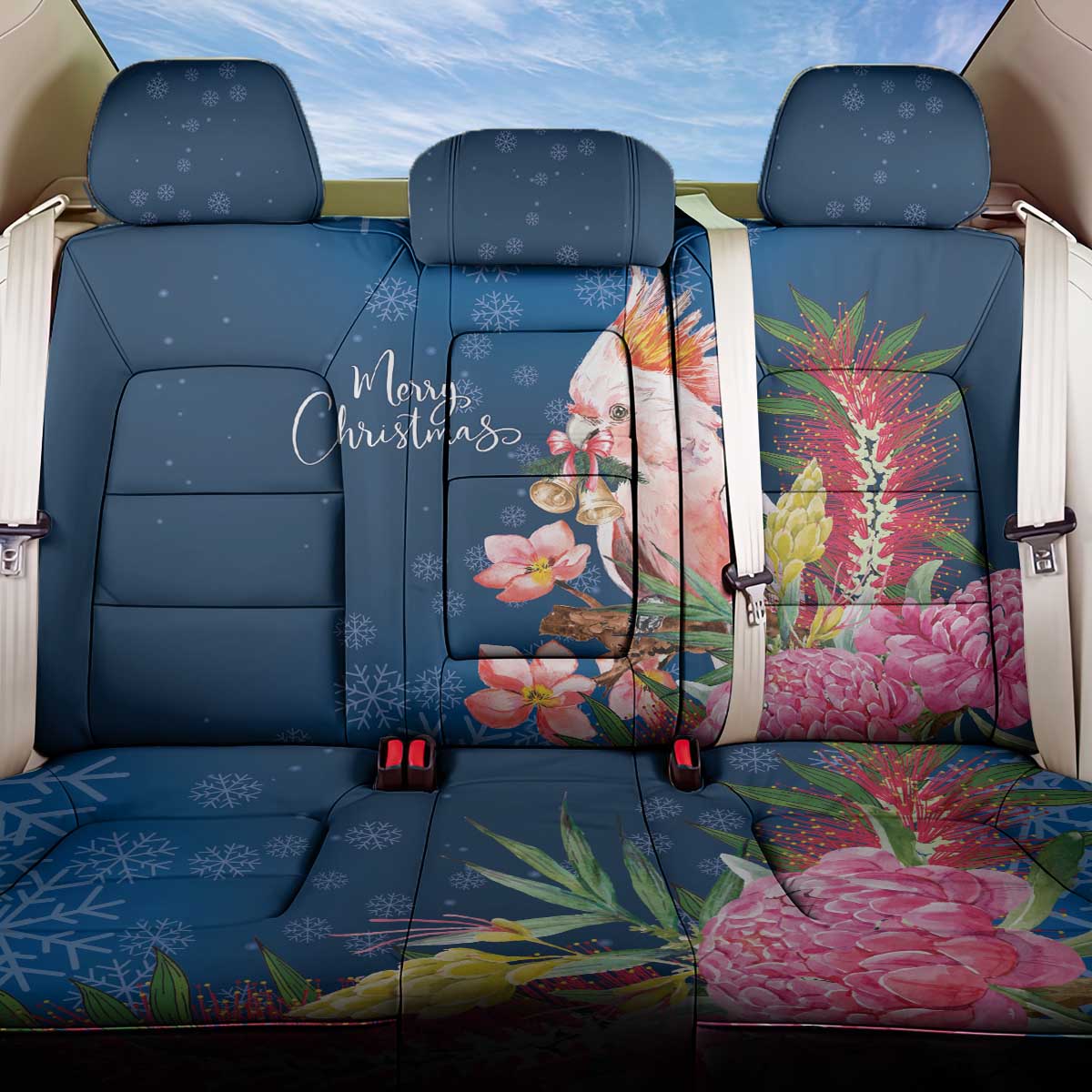 Australia Christmas Pink Cockatoo with Banksia Back Car Seat Cover Snowy Blue - Aussie Hoodie