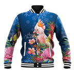 Australia Christmas Pink Cockatoo with Banksia Baseball Jacket Snowy Blue - Aussie Hoodie
