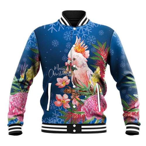 Australia Christmas Pink Cockatoo with Banksia Baseball Jacket Snowy Blue - Aussie Hoodie