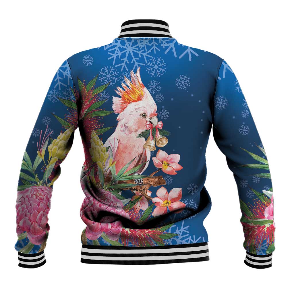 Australia Christmas Pink Cockatoo with Banksia Baseball Jacket Snowy Blue - Aussie Hoodie