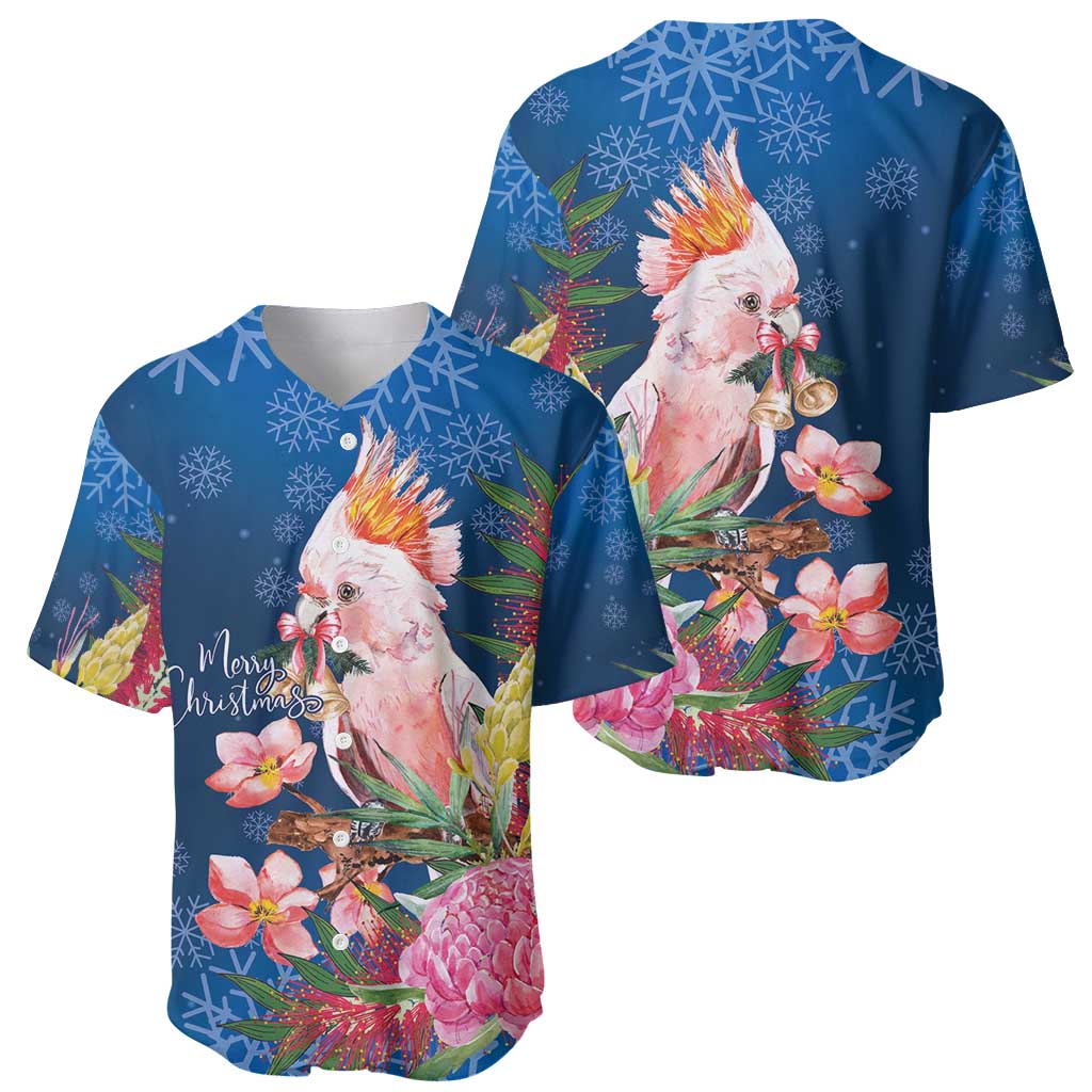 Australia Christmas Pink Cockatoo with Banksia Baseball Jersey Snowy Blue - Aussie Hoodie