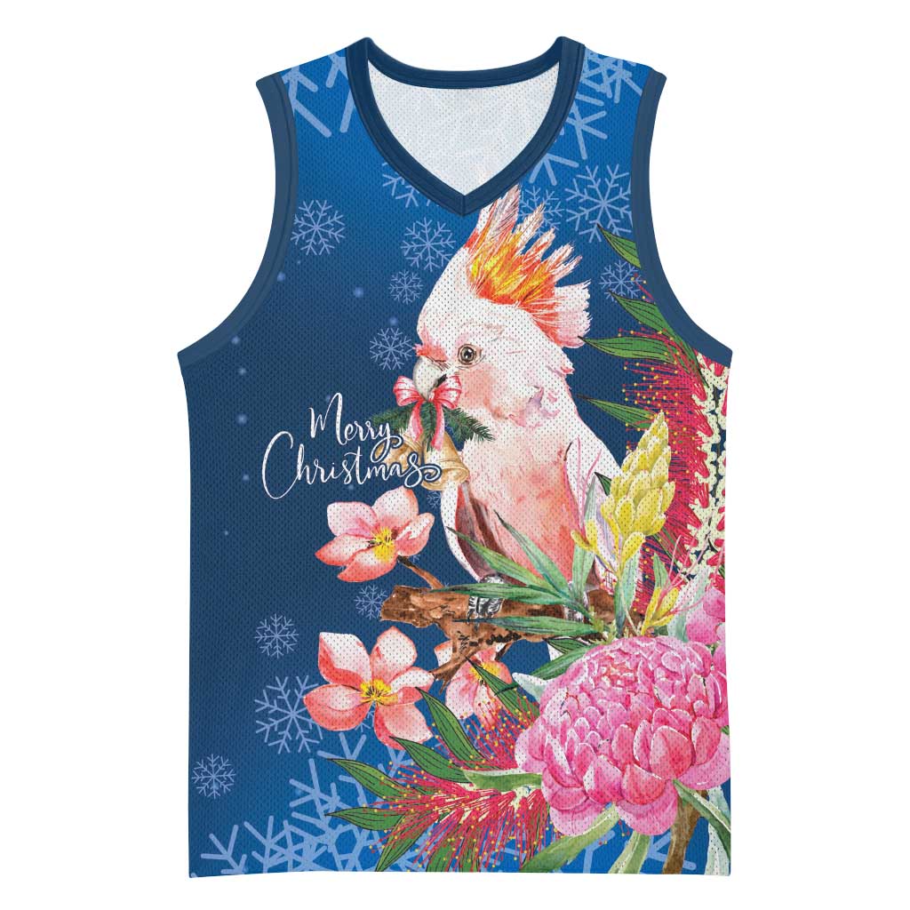 Australia Christmas Pink Cockatoo with Banksia Basketball Jersey Snowy Blue - Aussie Hoodie