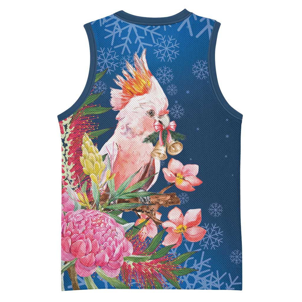 Australia Christmas Pink Cockatoo with Banksia Basketball Jersey Snowy Blue - Aussie Hoodie