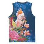 Australia Christmas Pink Cockatoo with Banksia Basketball Jersey Snowy Blue - Aussie Hoodie