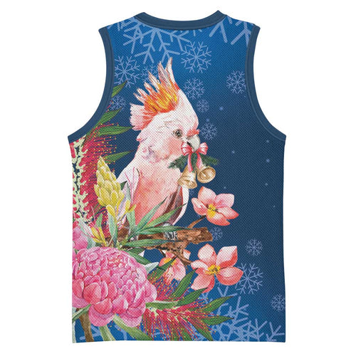 Australia Christmas Pink Cockatoo with Banksia Basketball Jersey Snowy Blue - Aussie Hoodie