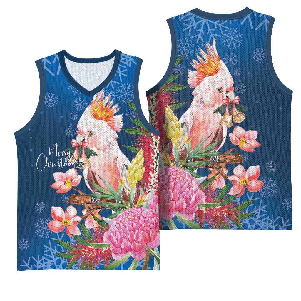 Australia Christmas Pink Cockatoo with Banksia Basketball Jersey Snowy Blue - Aussie Hoodie