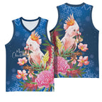 Australia Christmas Pink Cockatoo with Banksia Basketball Jersey Snowy Blue - Aussie Hoodie