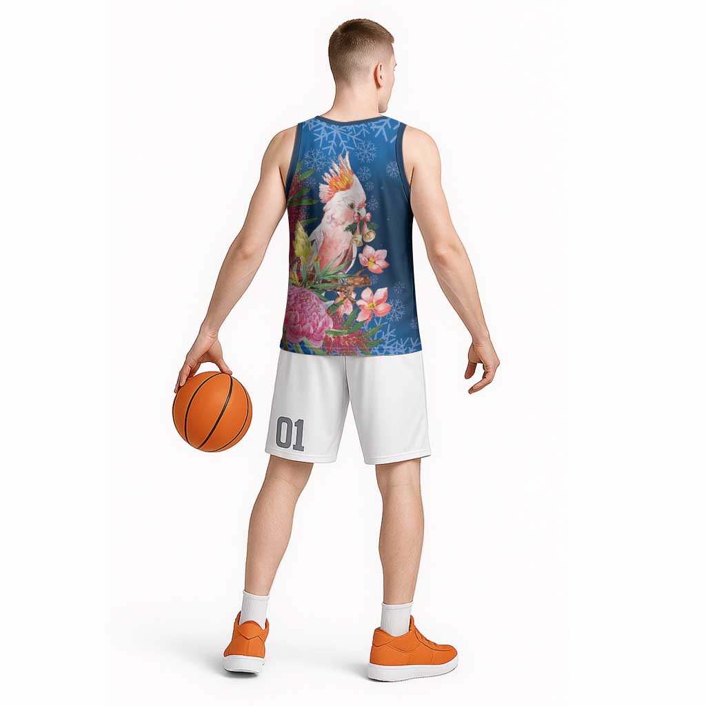 Australia Christmas Pink Cockatoo with Banksia Basketball Jersey Snowy Blue - Aussie Hoodie