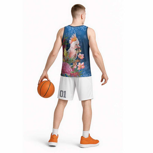 Australia Christmas Pink Cockatoo with Banksia Basketball Jersey Snowy Blue - Aussie Hoodie