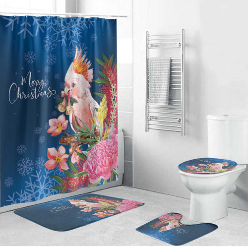 Australia Christmas Pink Cockatoo with Banksia Bathroom Set Snowy Blue - Aussie Hoodie