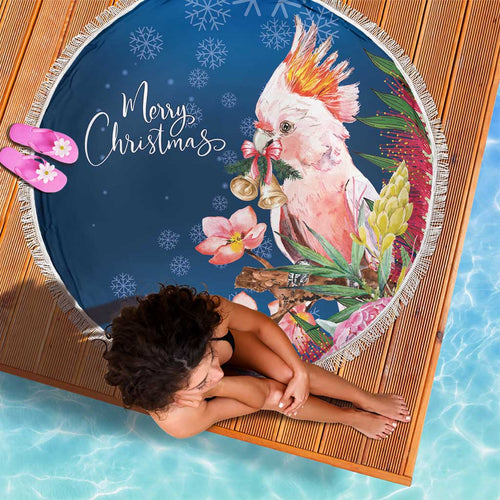 Australia Christmas Pink Cockatoo with Banksia Beach Blanket Snowy Blue - Aussie Hoodie