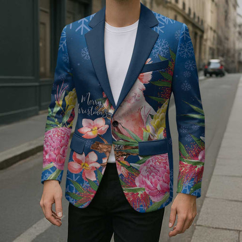 Australia Christmas Pink Cockatoo with Banksia Blazer Snowy Blue - Aussie Hoodie