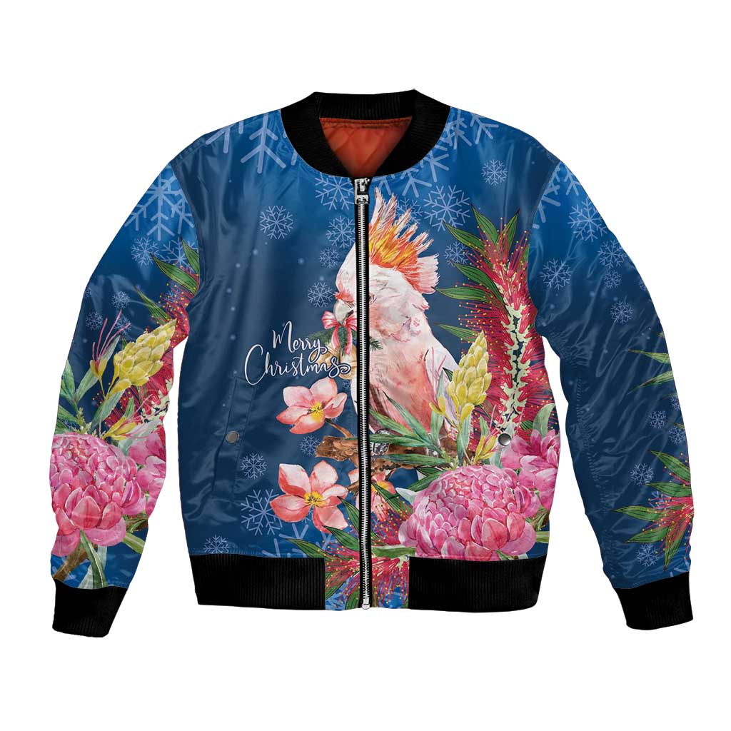 Australia Christmas Pink Cockatoo with Banksia Bomber Jacket Snowy Blue - Aussie Hoodie