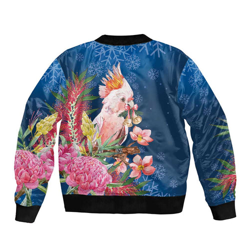 Australia Christmas Pink Cockatoo with Banksia Bomber Jacket Snowy Blue - Aussie Hoodie