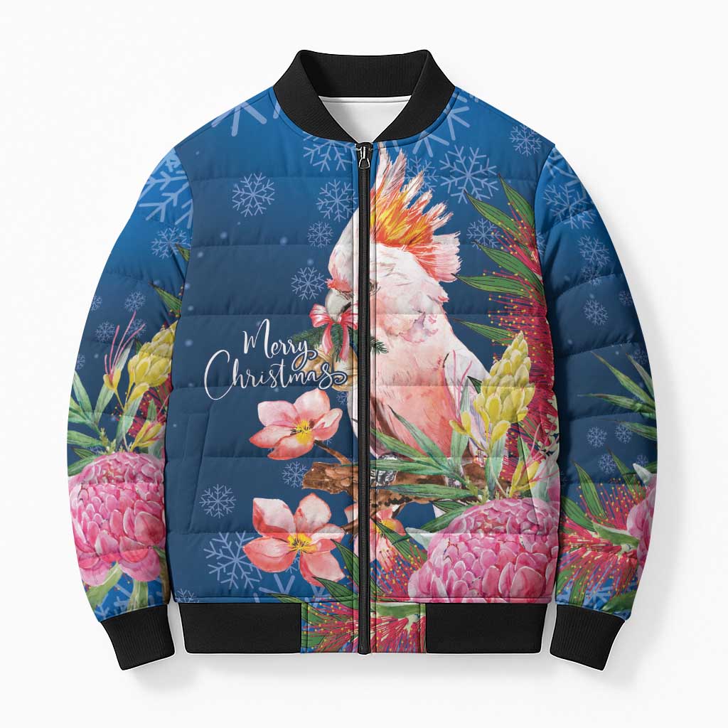 Australia Christmas Pink Cockatoo with Banksia Bomber Puffer Jacket Snowy Blue - Aussie Hoodie