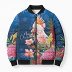 Australia Christmas Pink Cockatoo with Banksia Bomber Puffer Jacket Snowy Blue - Aussie Hoodie