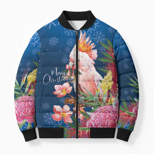 Australia Christmas Pink Cockatoo with Banksia Bomber Puffer Jacket Snowy Blue - Aussie Hoodie