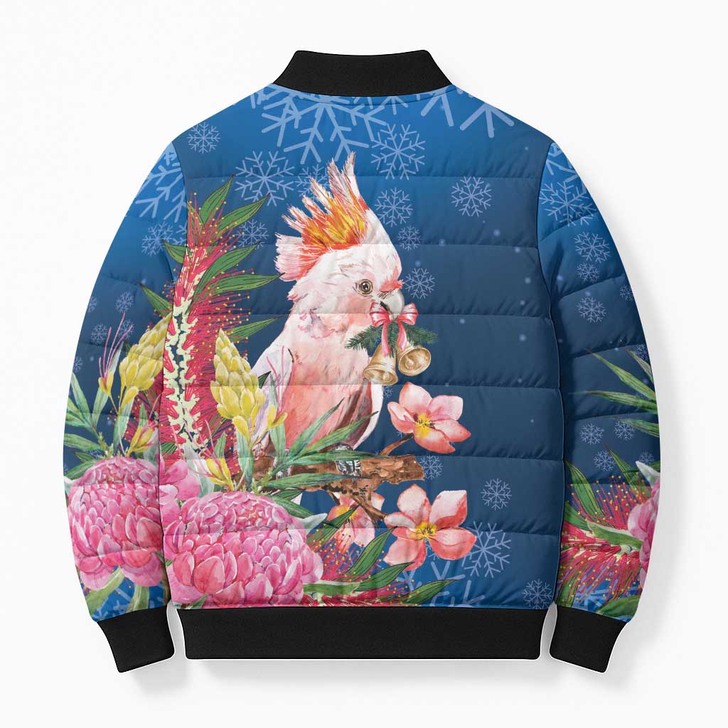 Australia Christmas Pink Cockatoo with Banksia Bomber Puffer Jacket Snowy Blue - Aussie Hoodie