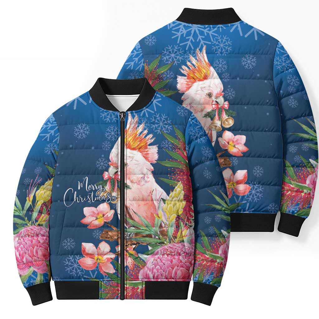 Australia Christmas Pink Cockatoo with Banksia Bomber Puffer Jacket Snowy Blue - Aussie Hoodie