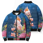 Australia Christmas Pink Cockatoo with Banksia Bomber Puffer Jacket Snowy Blue - Aussie Hoodie