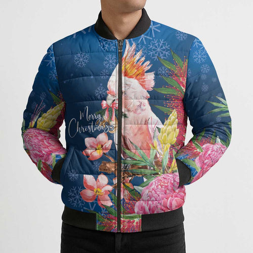 Australia Christmas Pink Cockatoo with Banksia Bomber Puffer Jacket Snowy Blue - Aussie Hoodie
