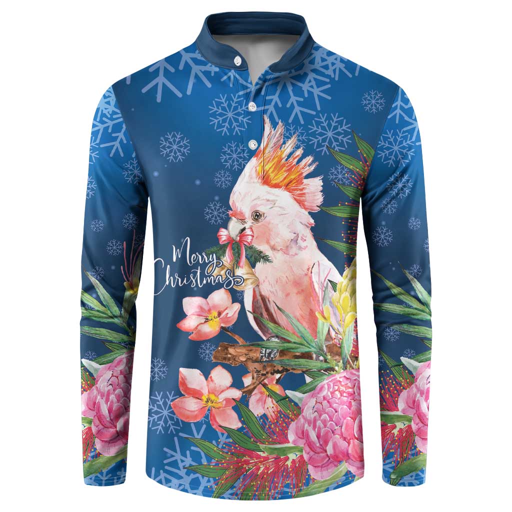 Australia Christmas Pink Cockatoo with Banksia Button Sweatshirt Snowy Blue - Aussie Hoodie