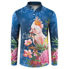 Australia Christmas Pink Cockatoo with Banksia Button Sweatshirt Snowy Blue - Aussie Hoodie