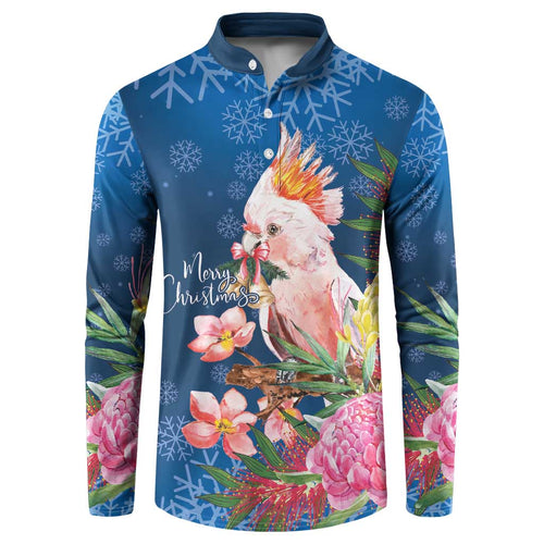 Australia Christmas Pink Cockatoo with Banksia Button Sweatshirt Snowy Blue - Aussie Hoodie