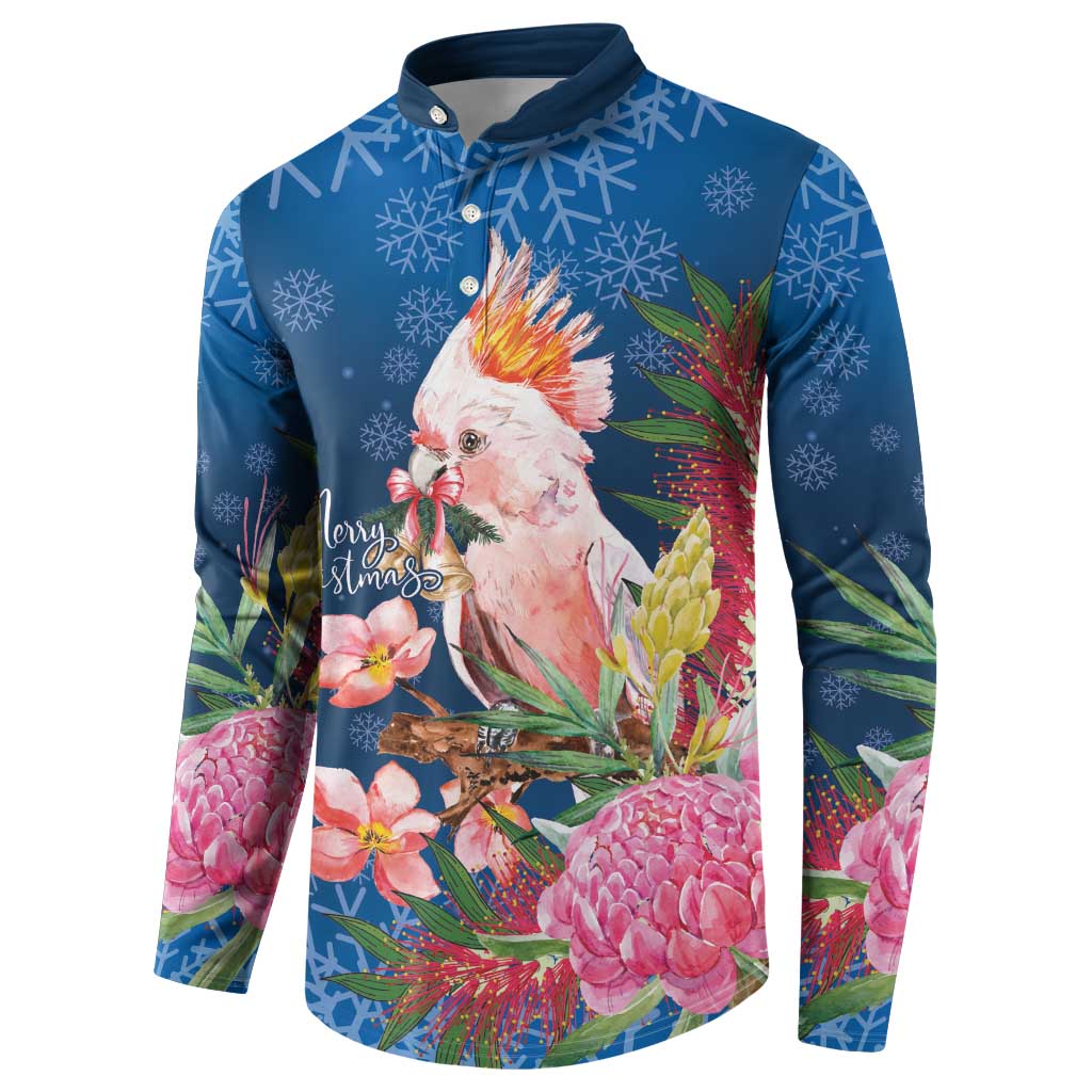 Australia Christmas Pink Cockatoo with Banksia Button Sweatshirt Snowy Blue - Aussie Hoodie