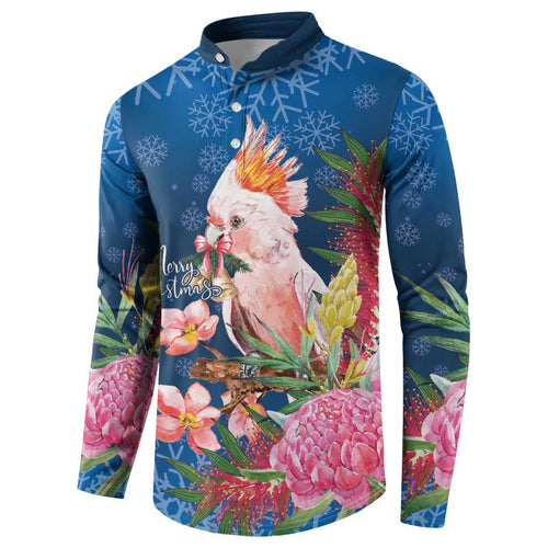 Australia Christmas Pink Cockatoo with Banksia Button Sweatshirt Snowy Blue - Aussie Hoodie