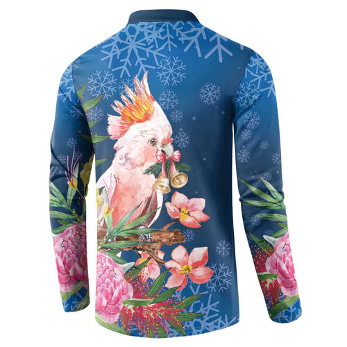 Australia Christmas Pink Cockatoo with Banksia Button Sweatshirt Snowy Blue - Aussie Hoodie