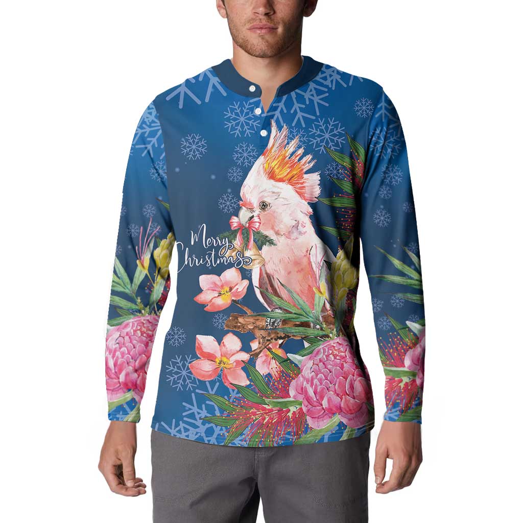 Australia Christmas Pink Cockatoo with Banksia Button Sweatshirt Snowy Blue - Aussie Hoodie
