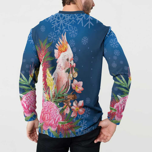 Australia Christmas Pink Cockatoo with Banksia Button Sweatshirt Snowy Blue - Aussie Hoodie