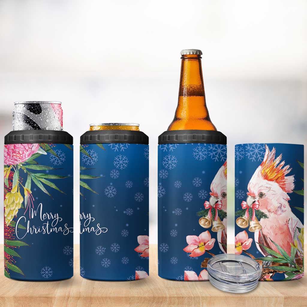 Australia Christmas Pink Cockatoo with Banksia 4 in 1 Can Cooler Tumbler Snowy Blue - Aussie Hoodie