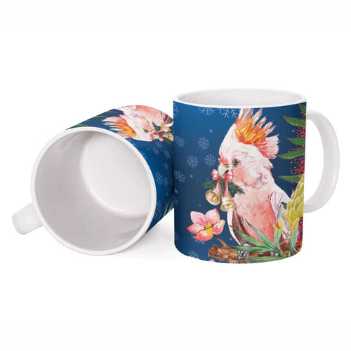 Australia Christmas Pink Cockatoo with Banksia Ceramic Mug Snowy Blue - Aussie Hoodie
