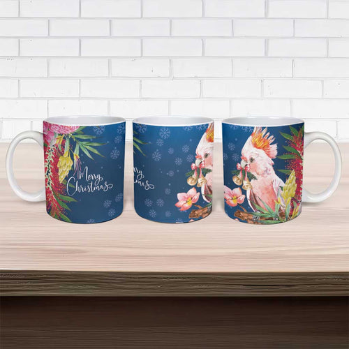 Australia Christmas Pink Cockatoo with Banksia Ceramic Mug Snowy Blue - Aussie Hoodie