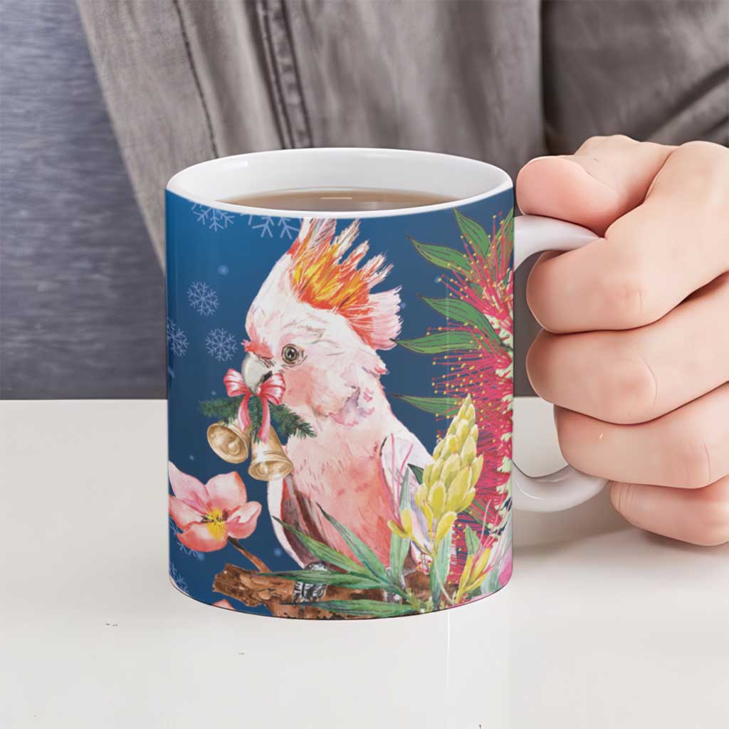 Australia Christmas Pink Cockatoo with Banksia Ceramic Mug Snowy Blue - Aussie Hoodie