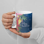 Australia Christmas Pink Cockatoo with Banksia Ceramic Mug Snowy Blue - Aussie Hoodie