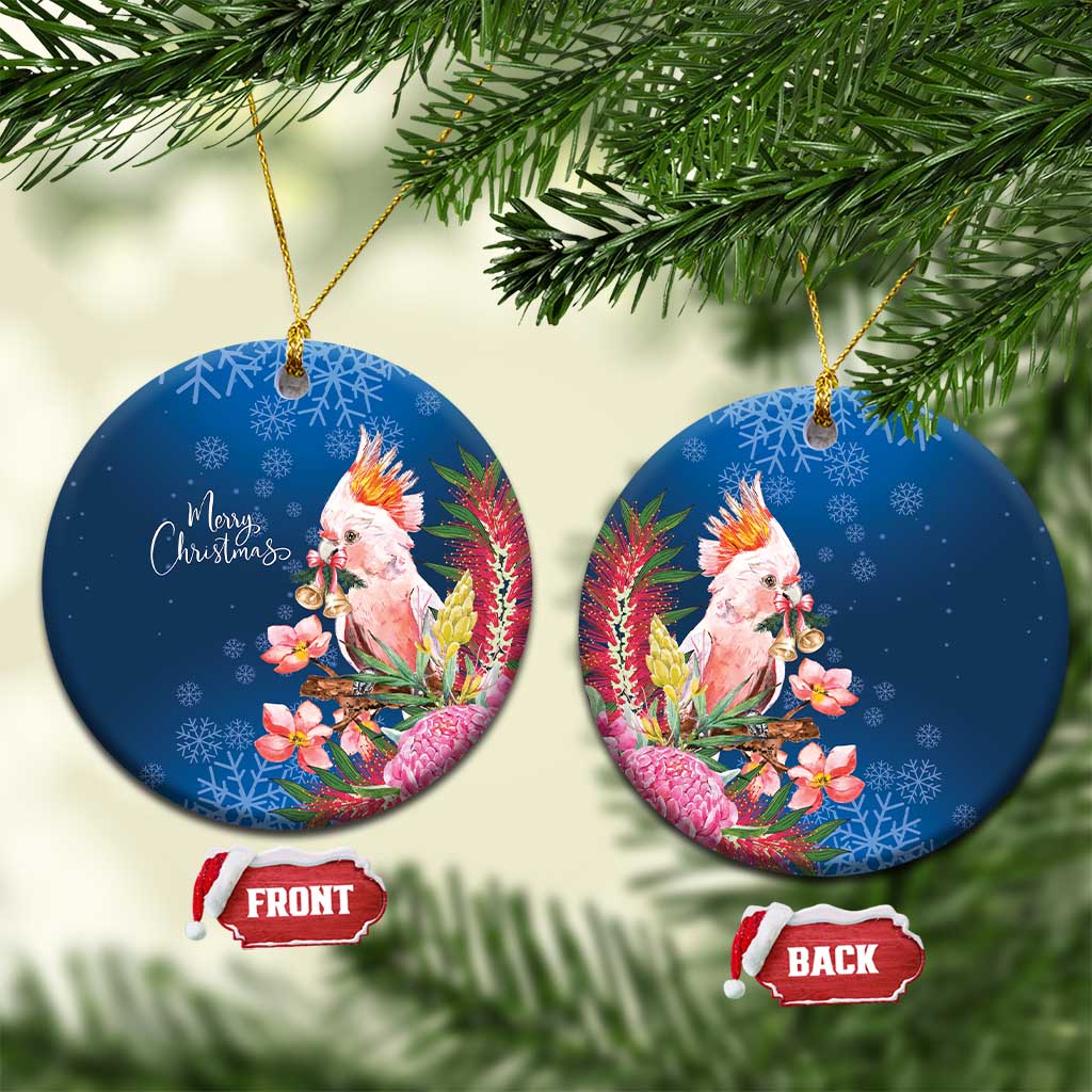Australia Christmas Pink Cockatoo with Banksia Ceramic Ornament Snowy Blue - Aussie Hoodie