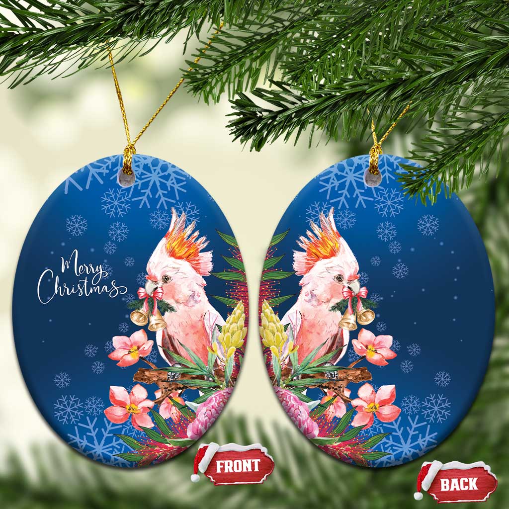 Australia Christmas Pink Cockatoo with Banksia Ceramic Ornament Snowy Blue - Aussie Hoodie