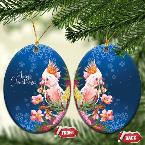 Australia Christmas Pink Cockatoo with Banksia Ceramic Ornament Snowy Blue - Aussie Hoodie