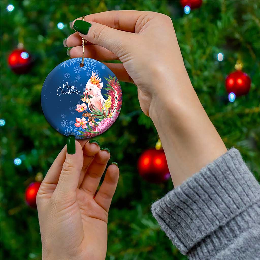 Australia Christmas Pink Cockatoo with Banksia Ceramic Ornament Snowy Blue - Aussie Hoodie