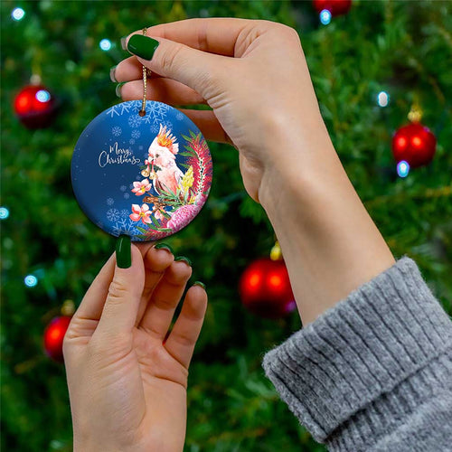 Australia Christmas Pink Cockatoo with Banksia Ceramic Ornament Snowy Blue - Aussie Hoodie